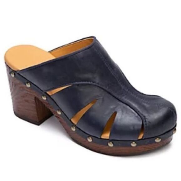 Kork-Ease Shoes - Korks, Neneh Navy Leather Slip-on Clog Studded Chunky Heel Slides, Women's 11